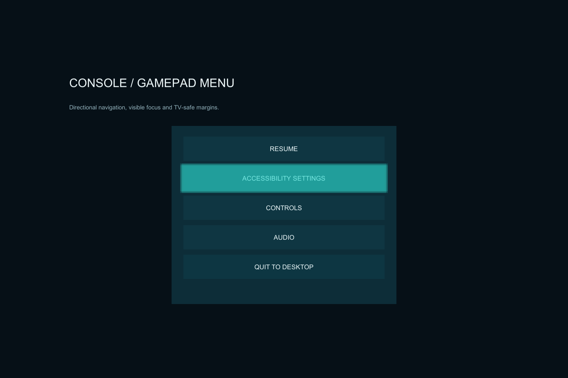 Accessible UI gamepad menu demonstration with a visible focus indicator on Accessibility Settings