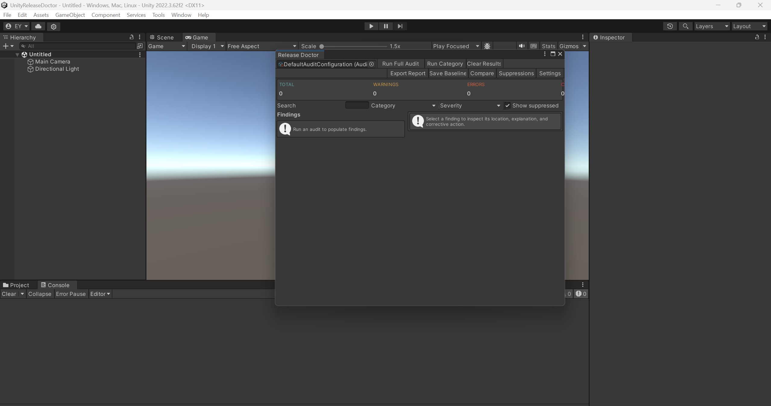 Release Doctor auditor window in Unity showing audit controls, severity filters, and the findings area