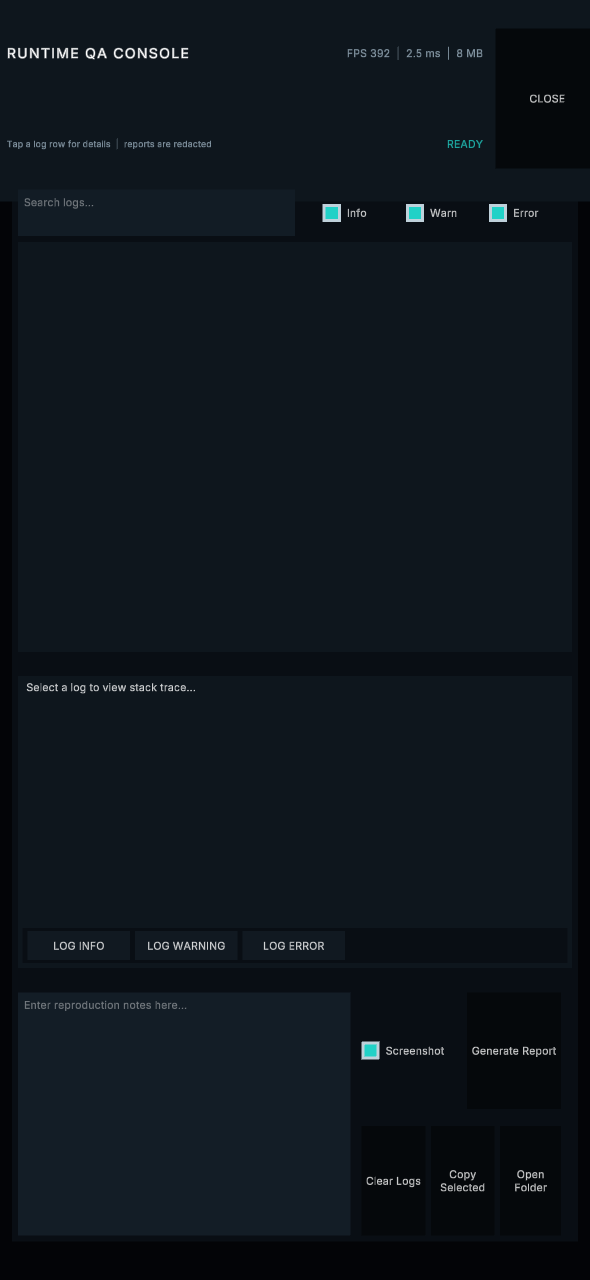 Runtime QA Console rendered in a portrait viewport with log filters, tester notes, screenshot toggle, and report controls